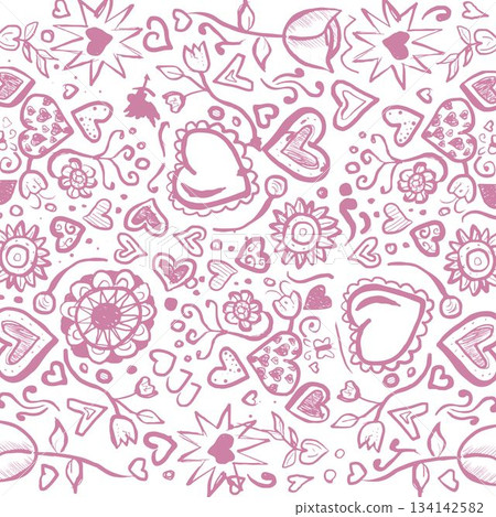 Composition of flowers and hearts icons on white background 134142582