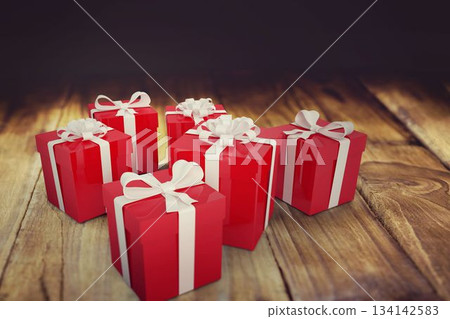 Six red gift boxes with white ribbons are showing on wooden plank in 3D gradient backdrop 134142583