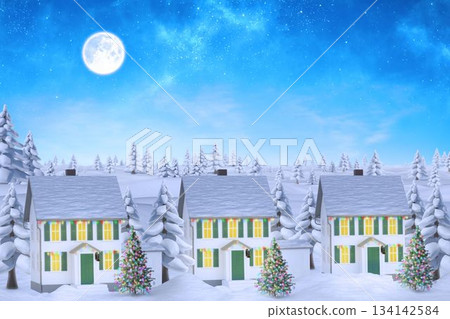 Three white houses glowing under full moon on snowy pine hills, featuring decorated Xmas trees 134142584