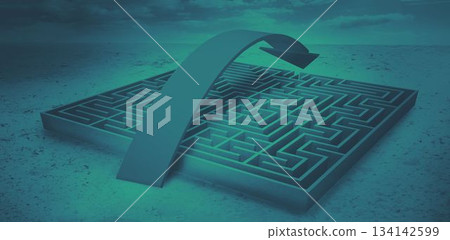 3D-render rectangular maze is sitting on dry earth under teal sky with curved arrow bypassing maze 3D-render rectangular maze is sitting on dry earth under teal sky with curved arrow bypassing maze 134142599
