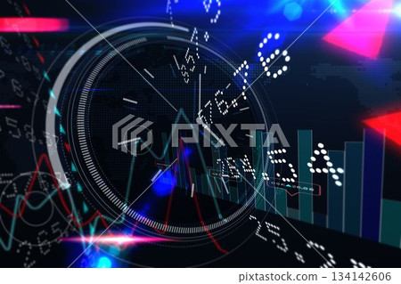 Dashboard HUD dial is displaying red, cyan line graphs, teal bars, map overlay in flat vector 134142606