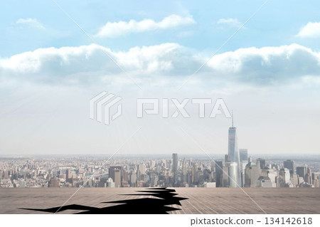 Cracked balcony overlooking city 134142618