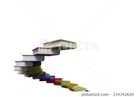 Floating hardcover books forming spiraling rainbow stack on white backdrop, flat design, copy space Floating hardcover books forming spiraling rainbow stack on white backdrop, flat design, copy space 134142620