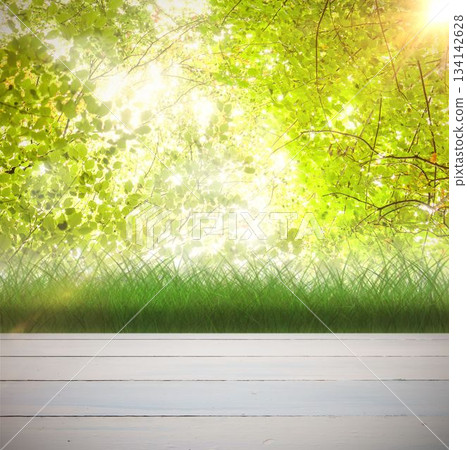 Wooden floor against leaves 134142628