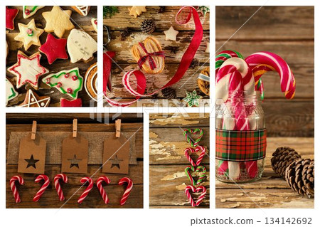 Flat design collage is featuring glass jar of candy canes, cookies, gift tags on wood surface Flat design collage is featuring glass jar of candy canes, cookies, gift tags on wood surface 134142692