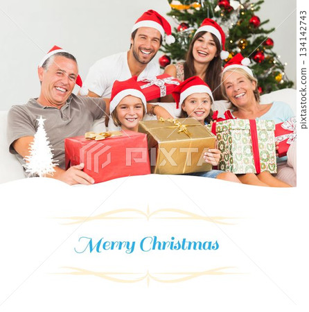 a happy family Christmas card 134142743