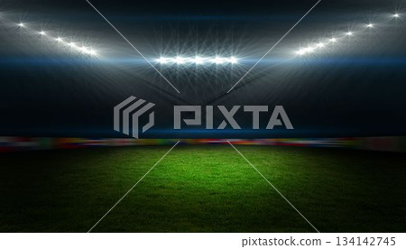 Illuminated grass field is being shown in flat design under stadium lights and advertising barrier 134142745