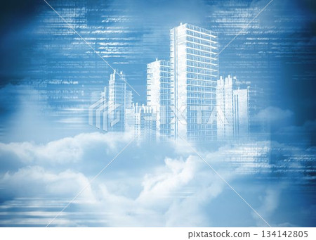 Holographic cityscape in clouds Holographic cityscape in clouds 134142805