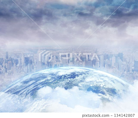 3D render is showing Earth globe hovering above misty city skyline under dramatic cloud-filled sky 134142807