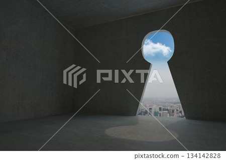 Keyhole door in dark room 134142828