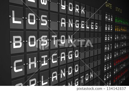Departures list on black mechanical board Departures list on black mechanical board 134142837