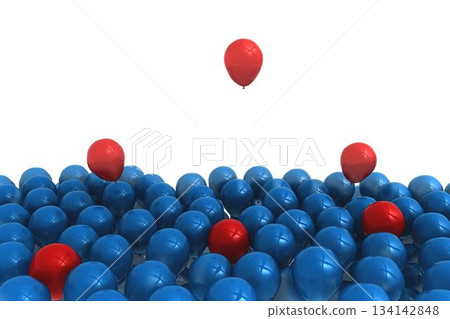 Single red balloon is floating above glossy blue balloon cluster in flat design, white background Single red balloon is floating above glossy blue balloon cluster in flat design, white background 134142848