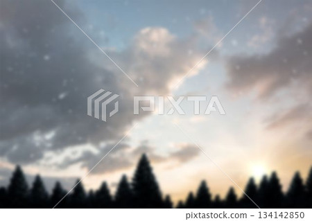 Evergreen tree line is spanning horizon in flat design beneath clouds while snowflakes are drifting 134142850