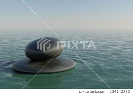 Two smooth dark gray stones are resting on base stone in rippled teal water, flat design Two smooth dark gray stones are resting on base stone in rippled teal water, flat design 134142880