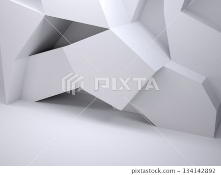 Cluster of angular white polygons is forming flat design in light gray interior, copy space Cluster of angular white polygons is forming flat design in light gray interior, copy space 134142892