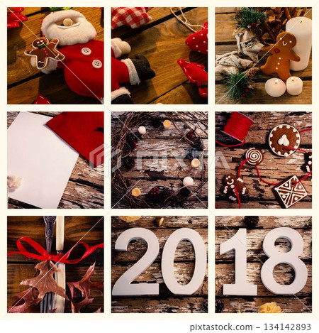 Holiday tabletop collage is showing flat lay on worn wood, featuring gingerbread cookies, candles Holiday tabletop collage is showing flat lay on worn wood, featuring gingerbread cookies, candles 134142893