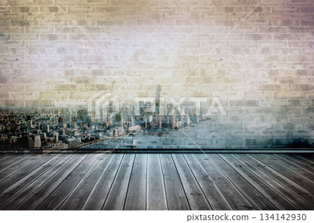 Flat design is showing translucent skyline mural overlaying aged brick wall and wooden floor Flat design is showing translucent skyline mural overlaying aged brick wall and wooden floor 134142930