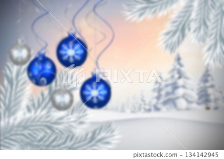 Baubles hanging over christmas scene 134142945