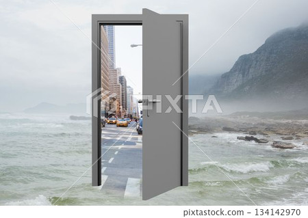 Open door with street and buildings on sea Open door with street and buildings on sea 134142970