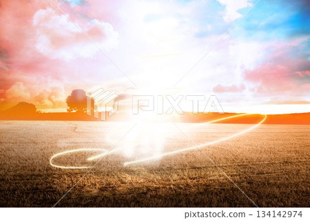 Bright glowing spiral is hovering over stubble field near tree cluster flat design, copy space 134142974