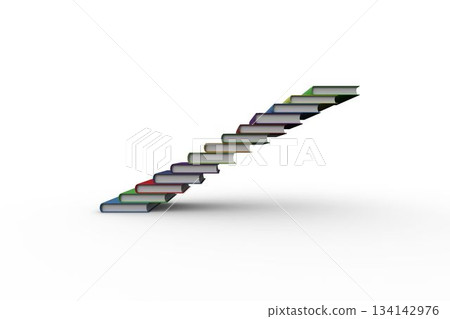 14 colorful hardcover books are floating diagonally to form staircase over white backdrop, vector 134142976