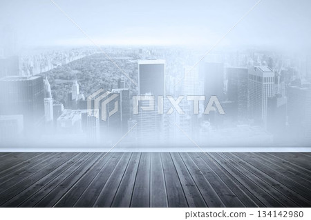 Panoramic city skyline is appearing through glass wall over wooden plank floor, in flat design Panoramic city skyline is appearing through glass wall over wooden plank floor, in flat design 134142980