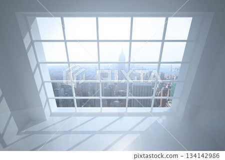 Room with large window showing city Room with large window showing city 134142986