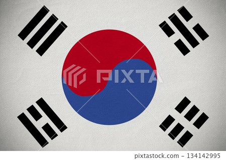South Korean flag is being displayed in textured flat design with Taeguk symbol and trigrams South Korean flag is being displayed in textured flat design with Taeguk symbol and trigrams 134142995