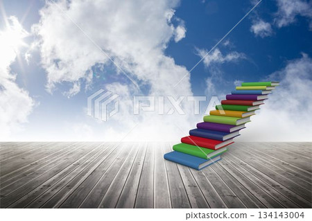 Flat design showing colored books forming staircase on wooden deck under bright sky with lens flare 134143004