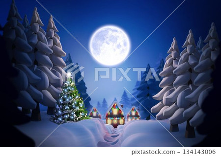 Decorated Xmas tree glowing flat design night amid pines winding path to lit cottages under moon 134143006