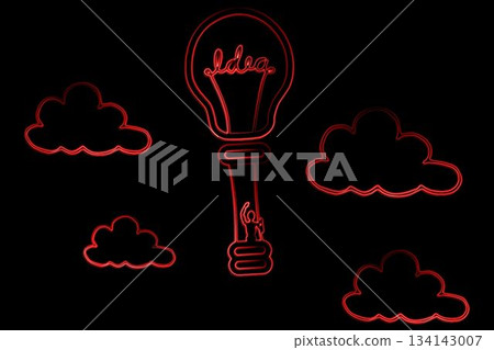 Illuminated light bulb imitating in hot air balloon flying in sky 134143007