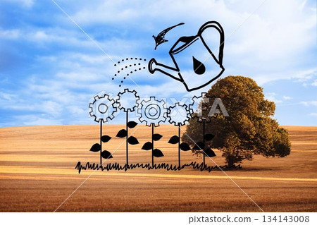 Cog flowers with can over countryside Cog flowers with can over countryside 134143008