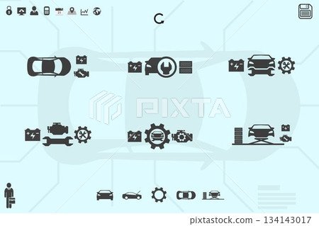 Automotive maintenance icons are floating over light blue flat panel with circuit lines 134143017