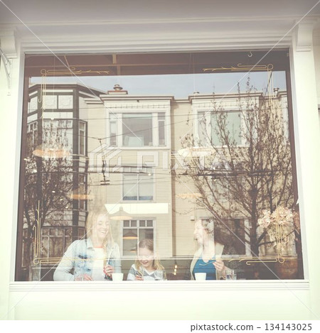 Caucasian happy young women with girl having coffee in cafes seen through glass window, copy space 134143025