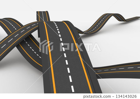 Twisting asphalt highway is winding in 3D render on white backdrop, with dashed lanes, yellow edges Twisting asphalt highway is winding in 3D render on white backdrop, with dashed lanes, yellow edges 134143026