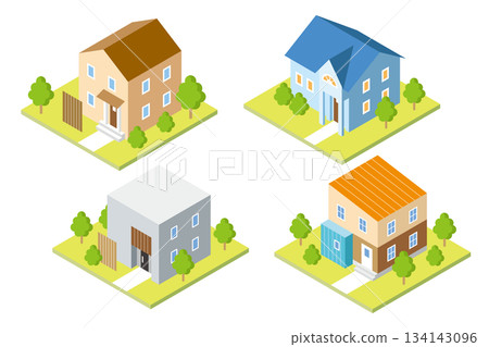 Stylish and cute detached home isometric illustration set Stylish and cute detached home isometric illustration set 134143096