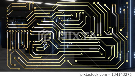 Glowing gold circuit overlay across data center, server racks network switches LED status lights Glowing gold circuit overlay across data center, server racks network switches LED status lights 134143275