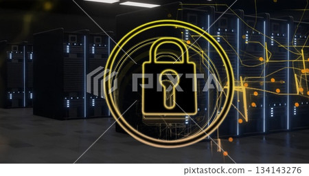 Displaying glowing yellow padlock icon within rings in server room with abstract network lines Displaying glowing yellow padlock icon within rings in server room with abstract network lines 134143276