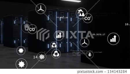 Showcasing three server cabinets with glowing blue LED lights, eco icons and code in data center 134143284