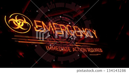 Displaying glowing orange emergency alert with biohazard symbol on console, with floating sparks 134143286