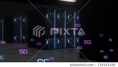Emitting blue lights on black server cabinets in data center, with floating 5G and 6G labels Emitting blue lights on black server cabinets in data center, with floating 5G and 6G labels 134143289