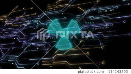 Displaying turquoise nuclear hazard symbol pulsing within futuristic interface, neon circuit traces Displaying turquoise nuclear hazard symbol pulsing within futuristic interface, neon circuit traces 134143293