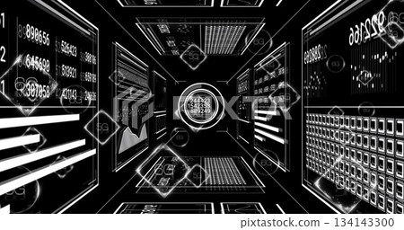 Displaying central circular data readout panel in digital tunnel, with white screens and 5G icons 134143300