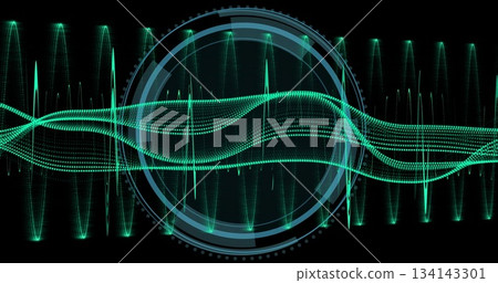 Displaying neon green waveform visualization on dark display, with teal HUD overlay and grid lines Displaying neon green waveform visualization on dark display, with teal HUD overlay and grid lines 134143301