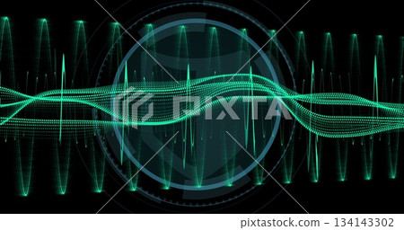 Displaying abstract neon green waveform undulating on data screen, with dotted line and HUD rings Displaying abstract neon green waveform undulating on data screen, with dotted line and HUD rings 134143302