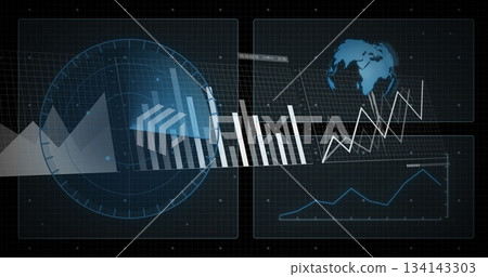 Displaying digital dashboard at abstract computer interface, with circular HUD overlay and 3D globe Displaying digital dashboard at abstract computer interface, with circular HUD overlay and 3D globe 134143303