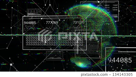 Displaying interface overlay showing numeric readouts in digital network, with colorful data sphere Displaying interface overlay showing numeric readouts in digital network, with colorful data sphere 134143305
