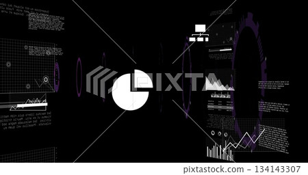 Displaying white pie chart hovering in virtual interface, with line graphs and purple gear ring Displaying white pie chart hovering in virtual interface, with line graphs and purple gear ring 134143307
