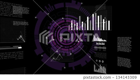 Displaying purple HUD in digital dashboard, showing bar charts scatter plots grid panels and text Displaying purple HUD in digital dashboard, showing bar charts scatter plots grid panels and text 134143309