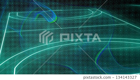 Displaying soccer pitch glowing in virtual grid with neon green markings, mesh wave and overlay Displaying soccer pitch glowing in virtual grid with neon green markings, mesh wave and overlay 134143327